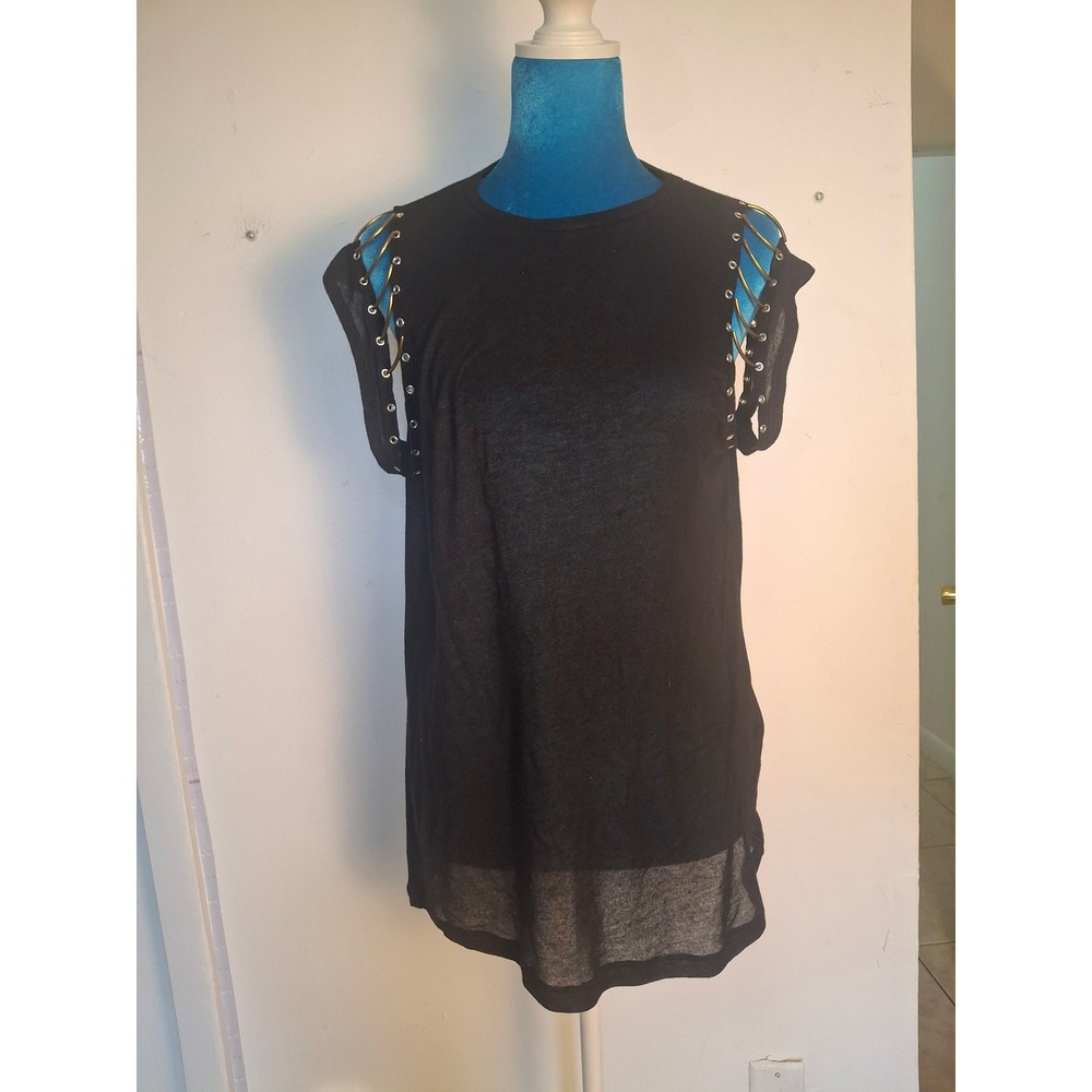 IRO Jeans Basma 17S Black Ring Shoulder Sleeveless Top S Lyocell Semi-Sheer